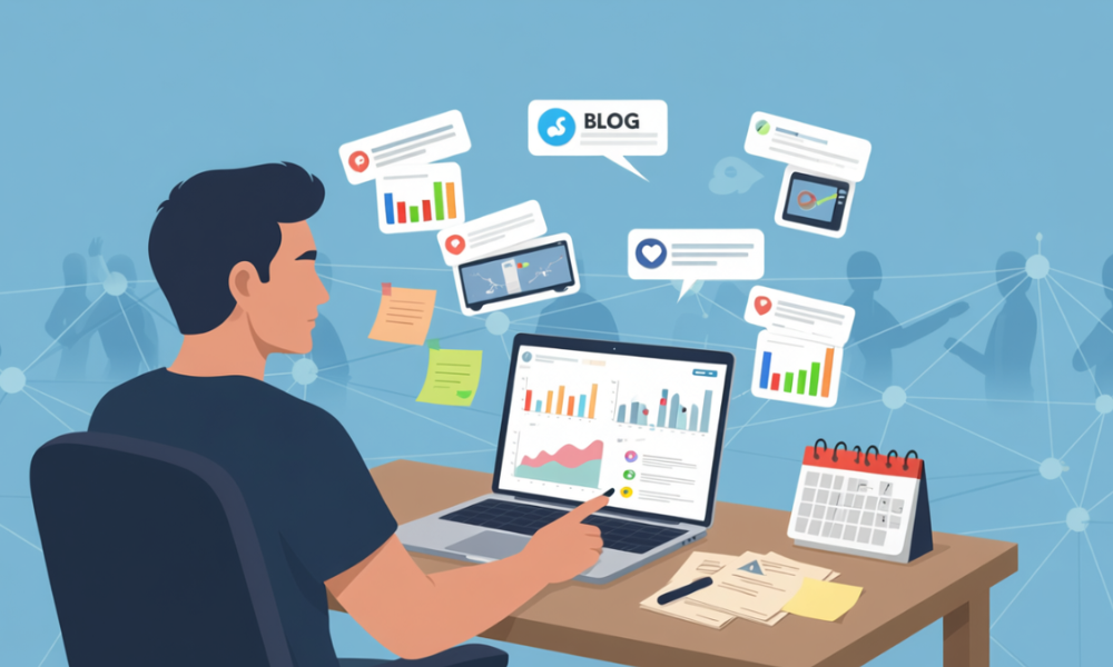 Content creator analyzing audience data on laptop with floating icons of blogs, videos, and social posts.