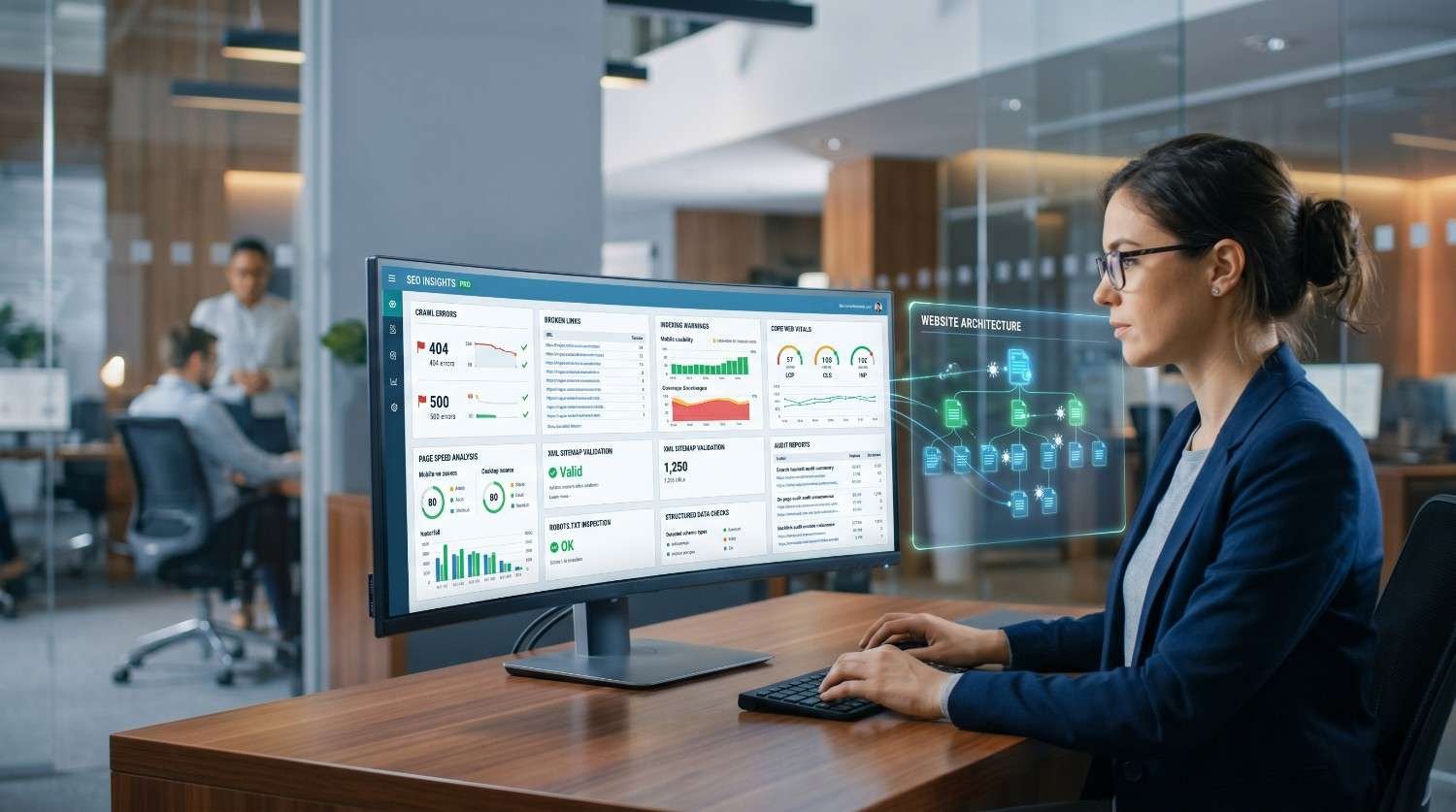 SEO specialist reviewing a technical SEO audit dashboard displaying crawl errors, page speed metrics, XML sitemap validation, robots.txt analysis, structured data checks, and website architecture. The visualization highlights site health monitoring, indexing optimization, improved crawlability, and actionable insights for boosting search rankings and organic traffic.