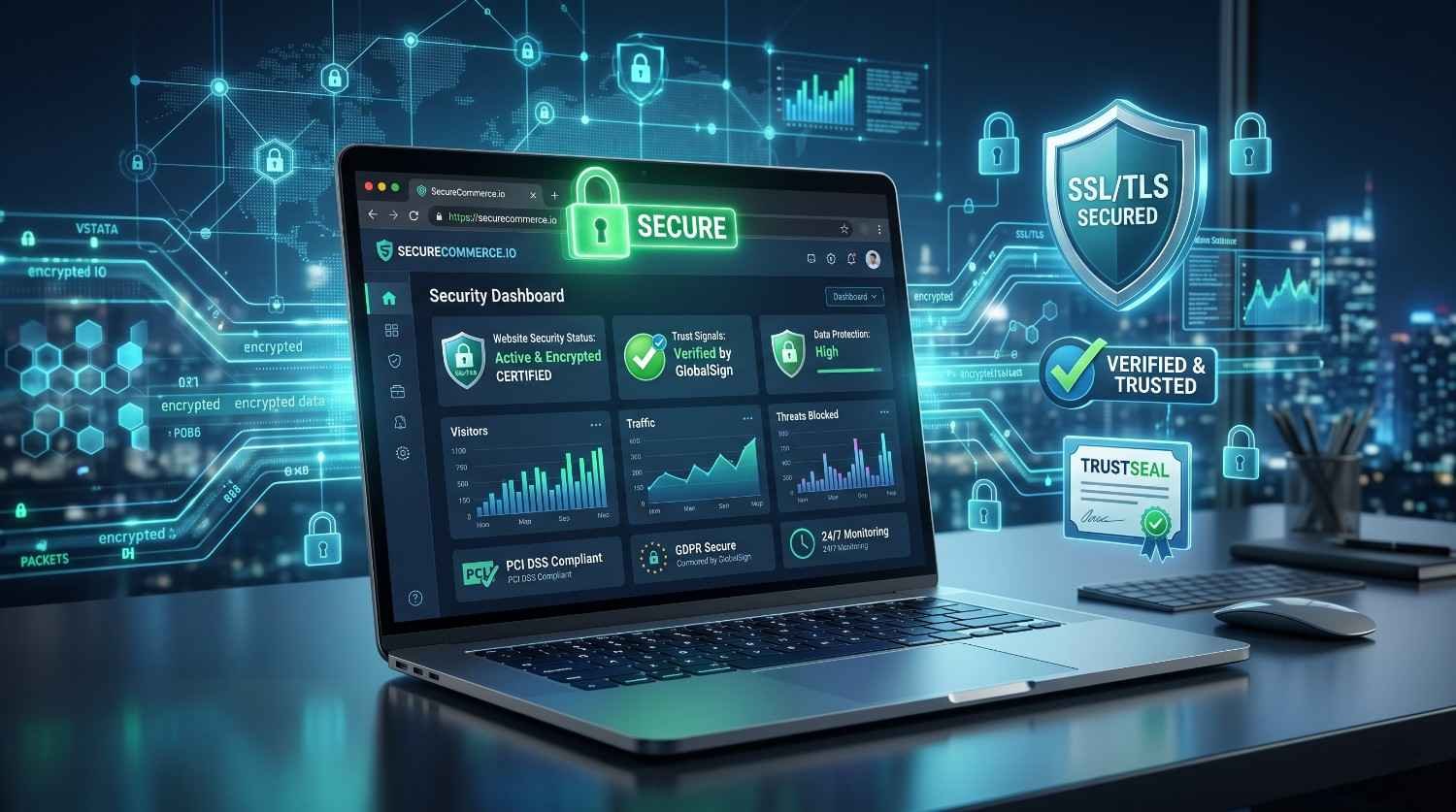 Website security dashboard showcasing SSL/TLS encryption, HTTPS implementation, trust signals, PCI DSS compliance, GDPR protection, and cybersecurity monitoring. Visualization highlights secure website performance, verified trust badges, encrypted data transmission, enhanced user trust, improved search rankings, and SEO benefits of maintaining a secure, trustworthy online presence.