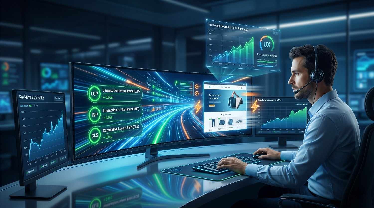 SEO specialist monitoring Core Web Vitals performance metrics, including Largest Contentful Paint (LCP), Interaction to Next Paint (INP), and Cumulative Layout Shift (CLS). Dashboard highlights user experience optimization, real-time traffic growth, ecommerce performance improvements, higher search rankings, and enhanced website speed for better organic visibility.