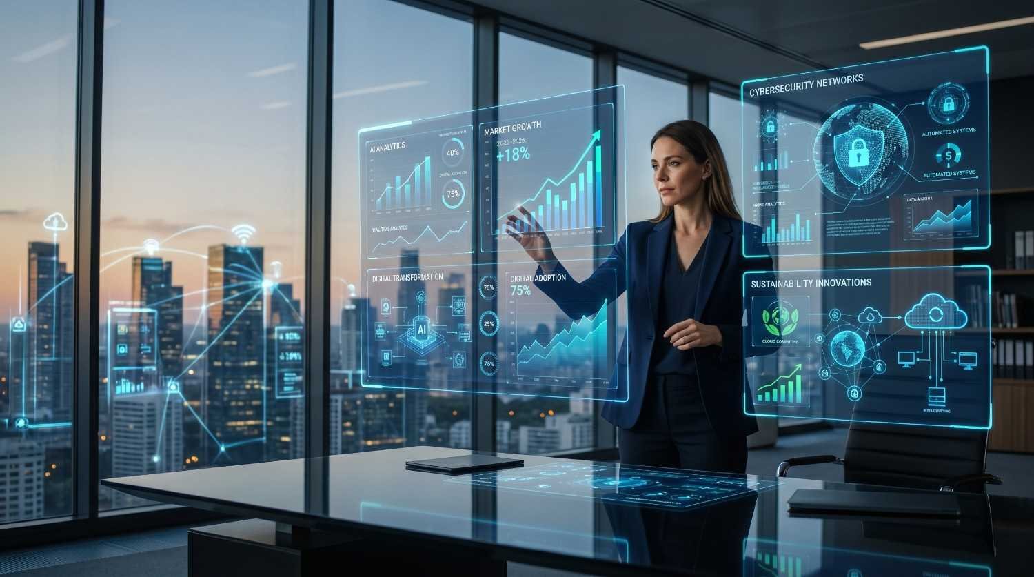 Business professional analyzing digital transformation dashboards featuring AI analytics, cybersecurity networks, cloud computing, sustainability innovations, and market growth metrics. Interactive data visualization highlights technology adoption, business intelligence, secure digital infrastructure, operational efficiency, and strategic growth insights that support online visibility, innovation, and enterprise performance.