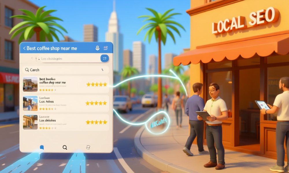 Illustration of Los Angeles café owner viewing local SEO results connecting online searches to nearby customers.