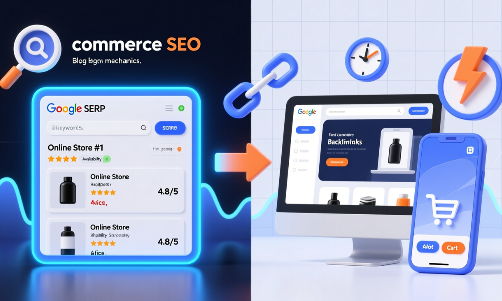 Illustration showing eCommerce SEO driving website traffic from Google search results to product purchases.