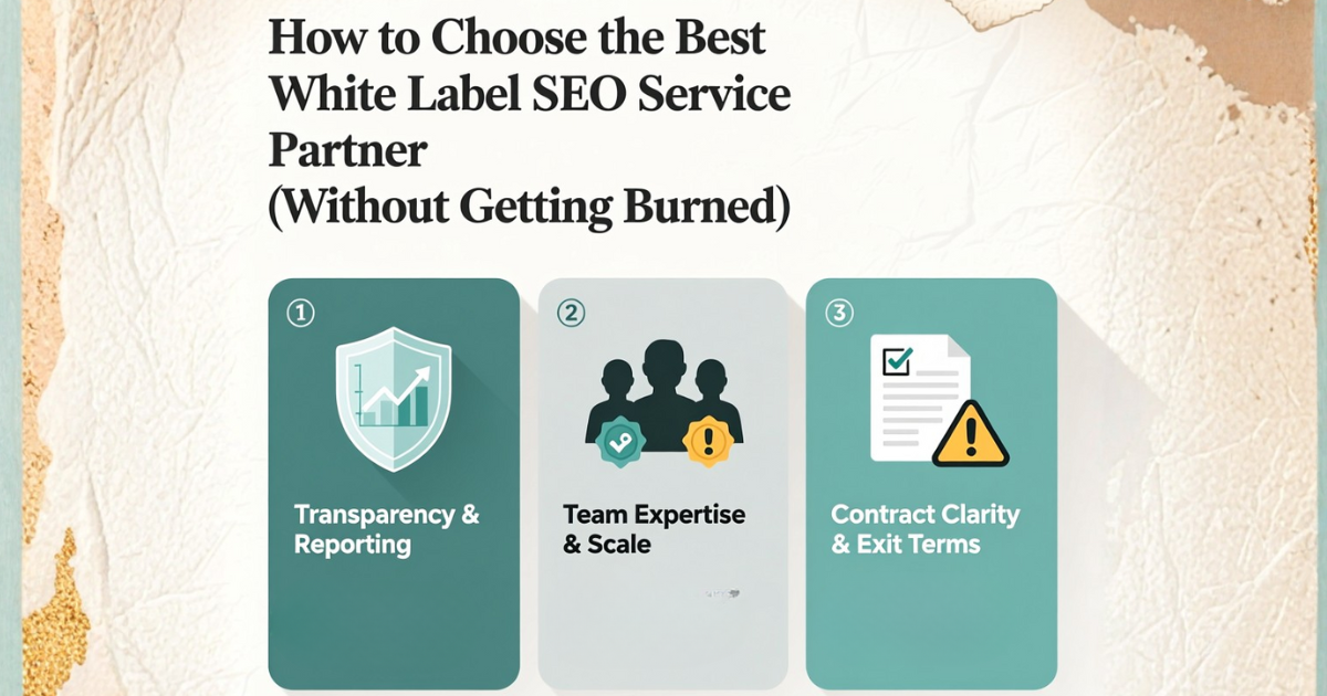 Infographic showing key factors for choosing the best white label SEO service partner, including transparency, team expertise, and clear contract terms