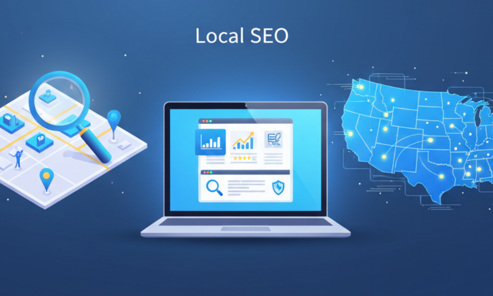 Comparison illustration showing local SEO focused on one city versus national SEO connecting multiple cities across the USA.