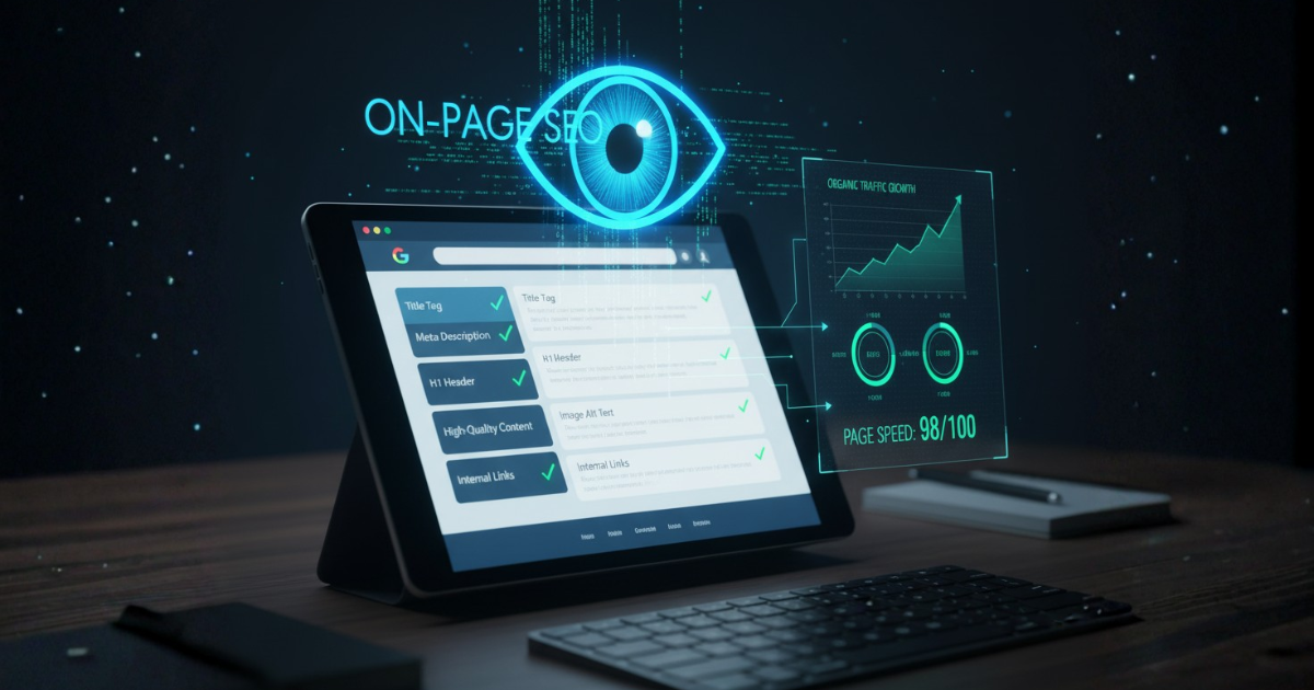 Tablet displaying on-page SEO audit checklist with title tags, meta descriptions, internal links, and a page speed score of 98 alongside an organic traffic growth graph