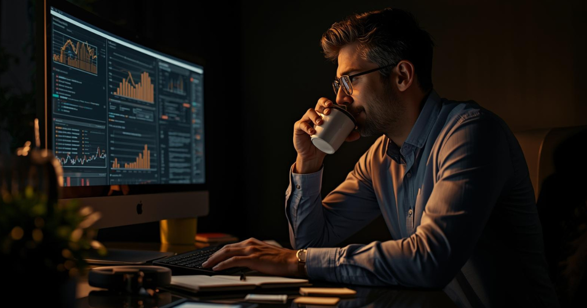 Digital marketing expert reviewing SEO analytics dashboard on desktop computer late at night while drinking coffee, symbolizing dedication to outsourcing SEO services effectively