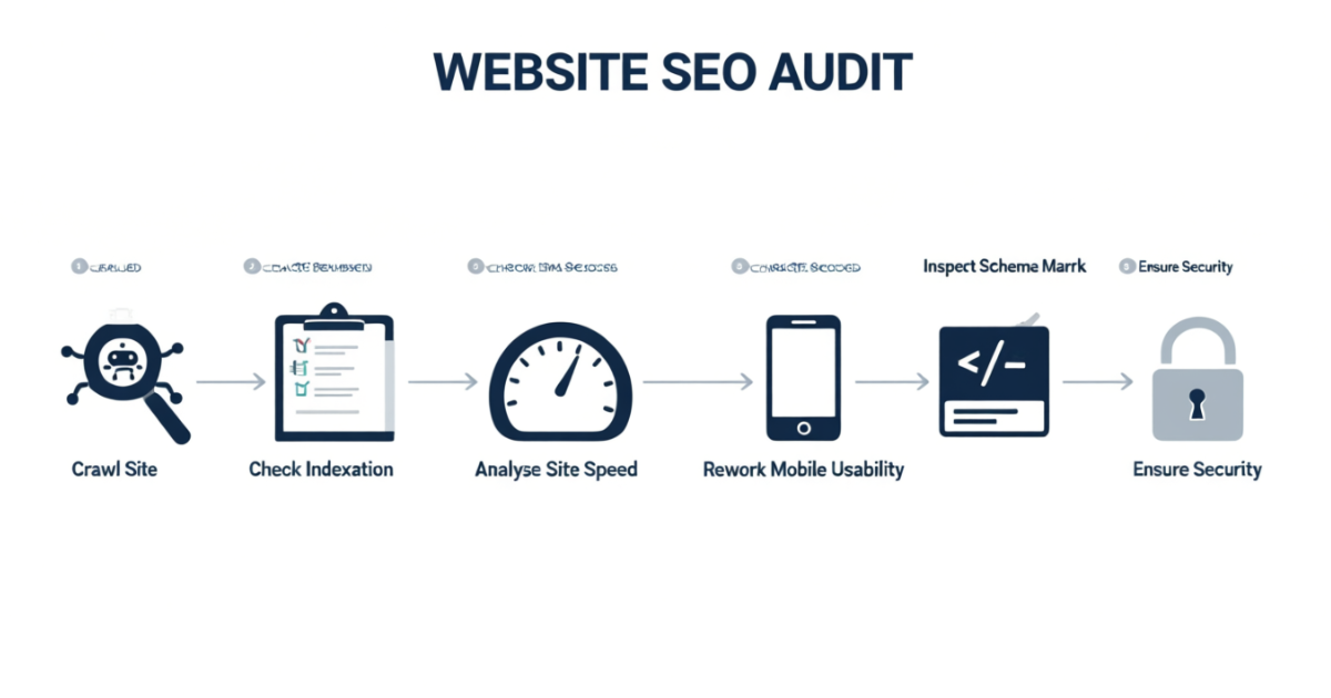 Visual guide showing step-by-step technical SEO audit workflow and checklist