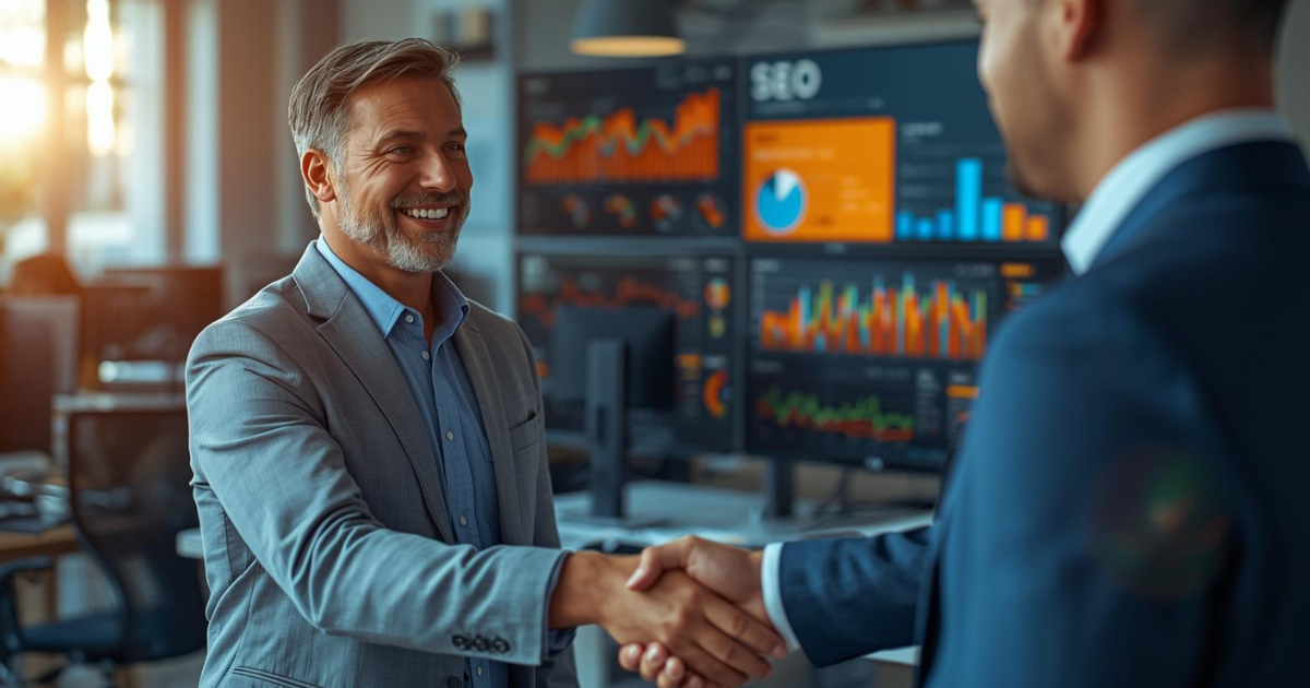 Two business professionals shaking hands in an office with SEO analytics dashboards in the background, symbolizing a successful white label SEO partnership