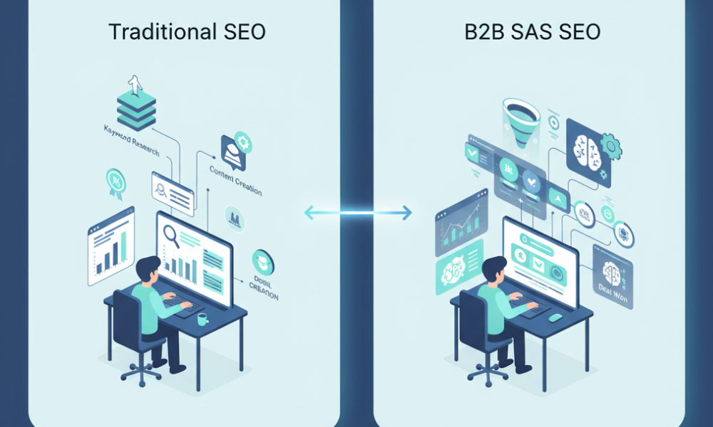 Comparison of traditional SEO and B2B SaaS SEO showing AI data, buyer funnel, and business-focused growth strategy.