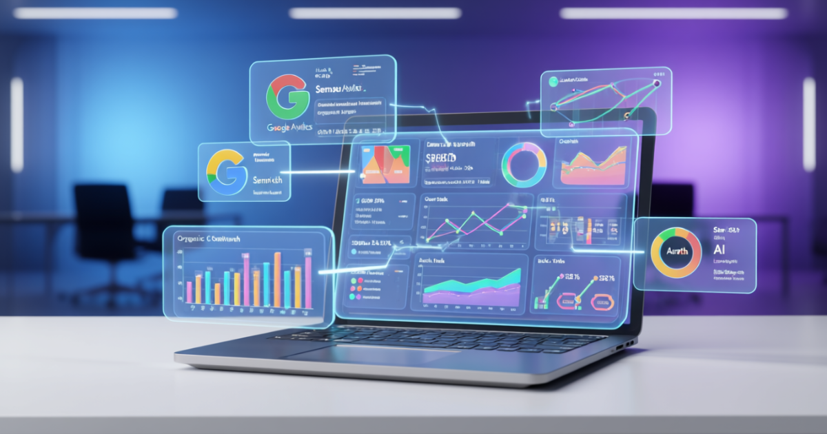 Laptop with digital analytics dashboard and SEO reporting visuals showing keyword rankings, traffic growth, and backlink data.