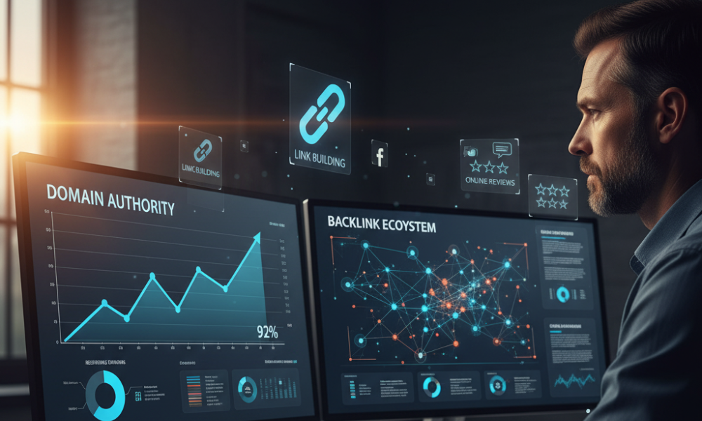 Marketer reviewing backlink data and online authority metrics on computer screens