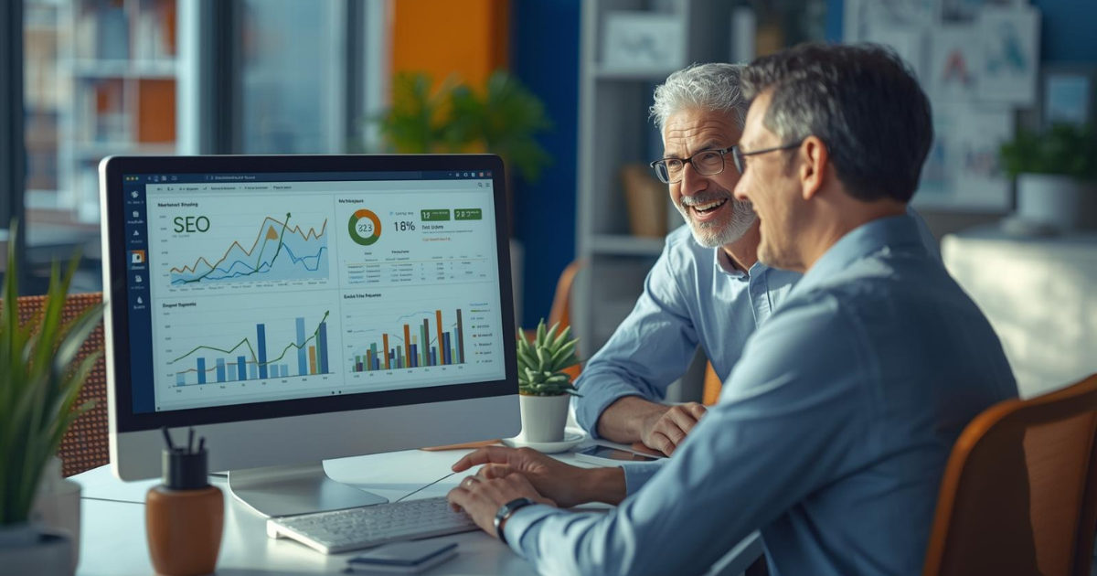 Male digital marketing agency owner explaining branded SEO reports to a client in a modern office