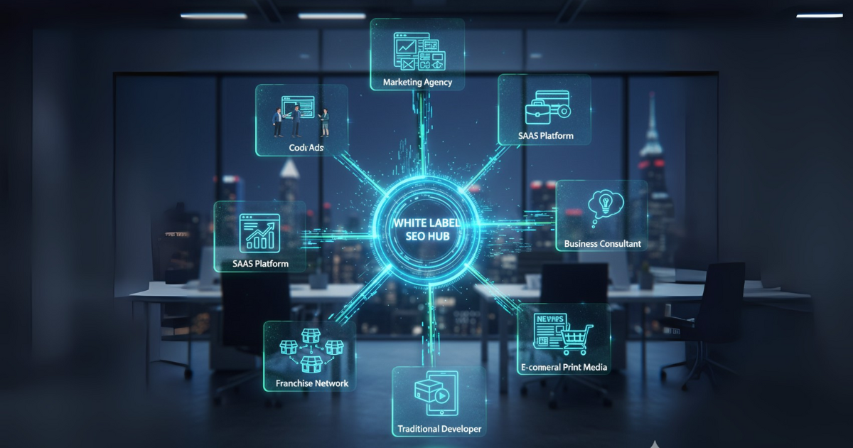 Futuristic digital diagram showing a White Label SEO hub connecting marketing agencies, SAAS platforms, business consultants, developers, and franchise networks