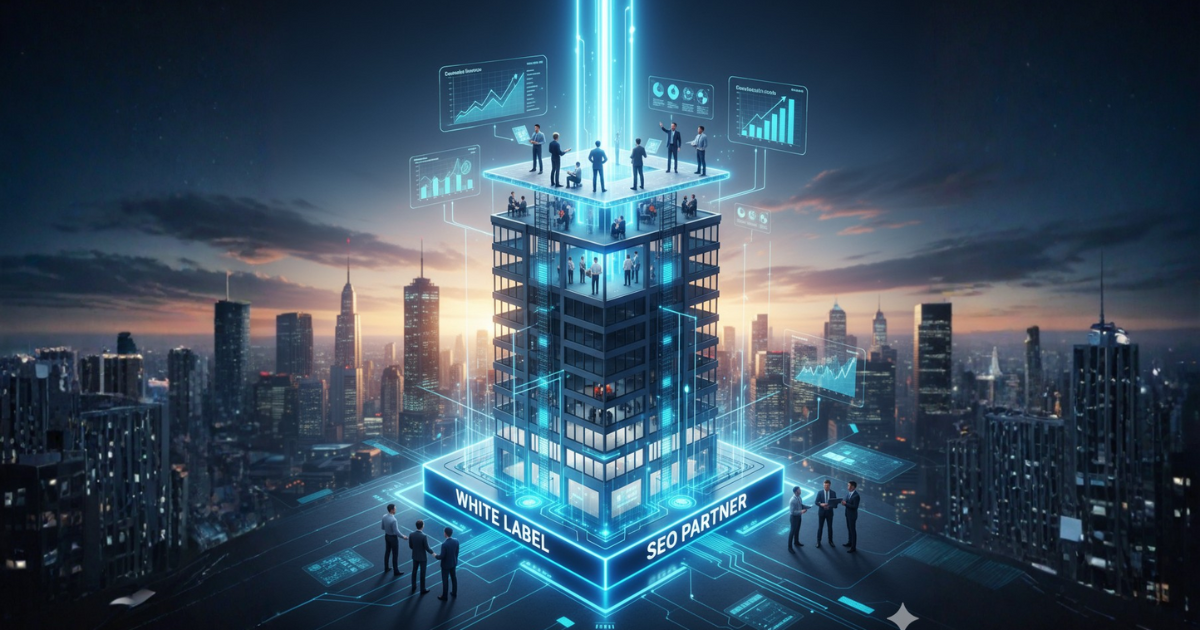 Futuristic cityscape with a glowing building representing an agency, built on a "White Label SEO Partner" foundation, showing teams collaborating on data and analytics to achieve scalable growth.