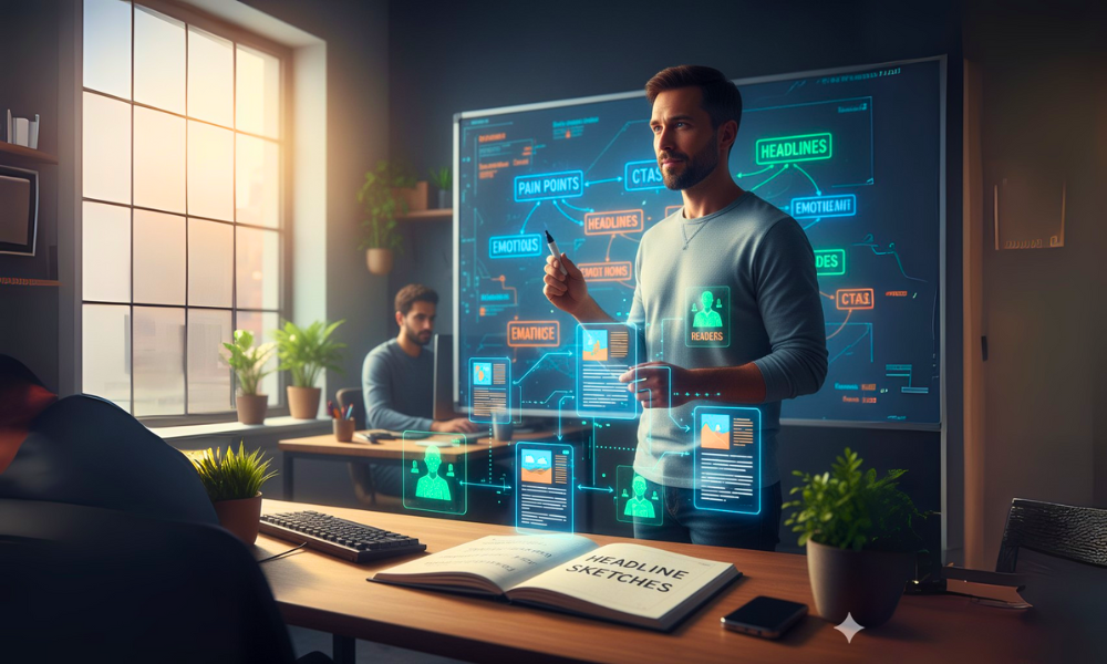 Content writer brainstorming and mapping out headline and CTA ideas on a creative whiteboard.