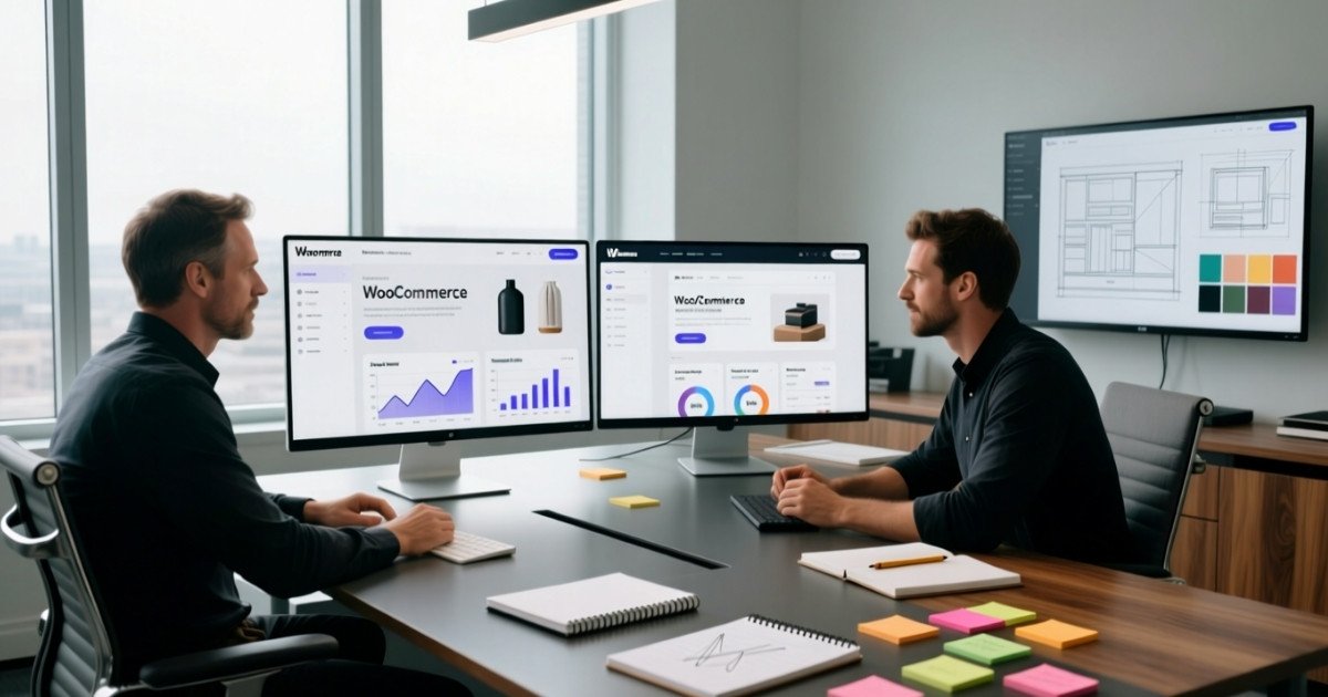 Professional marketing strategist and web developer collaborating on WooCommerce website analytics and design layout in a U.S. agency office.