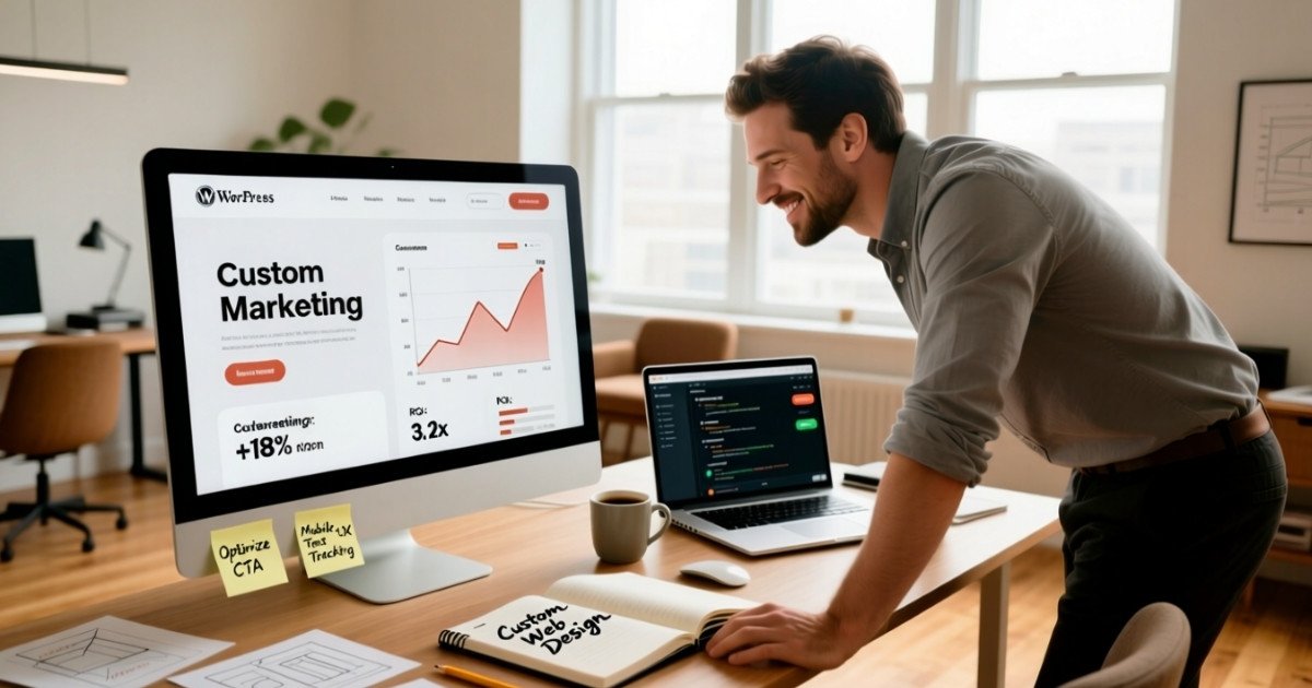 Marketing strategist reviewing a custom WordPress website layout and analytics to choose the best U.S. web design partner