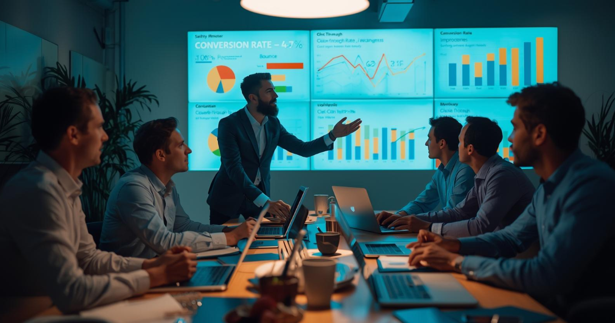 Marketing team discussing CRO metrics and analyzing charts showing improved conversion performance.