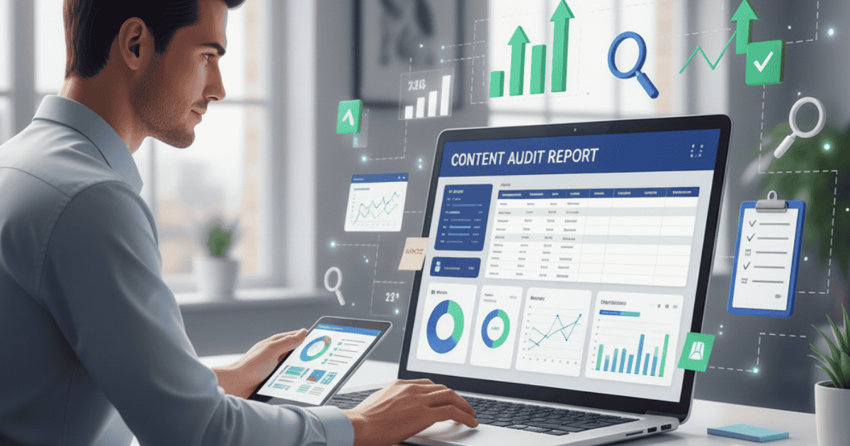 Digital marketer analyzing SEO content audit dashboard with charts and strategy notes