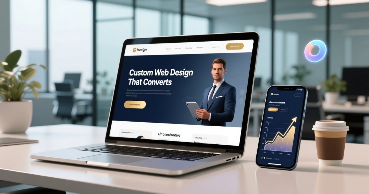 Laptop showing a responsive business website design with analytics highlighting conversions and growth