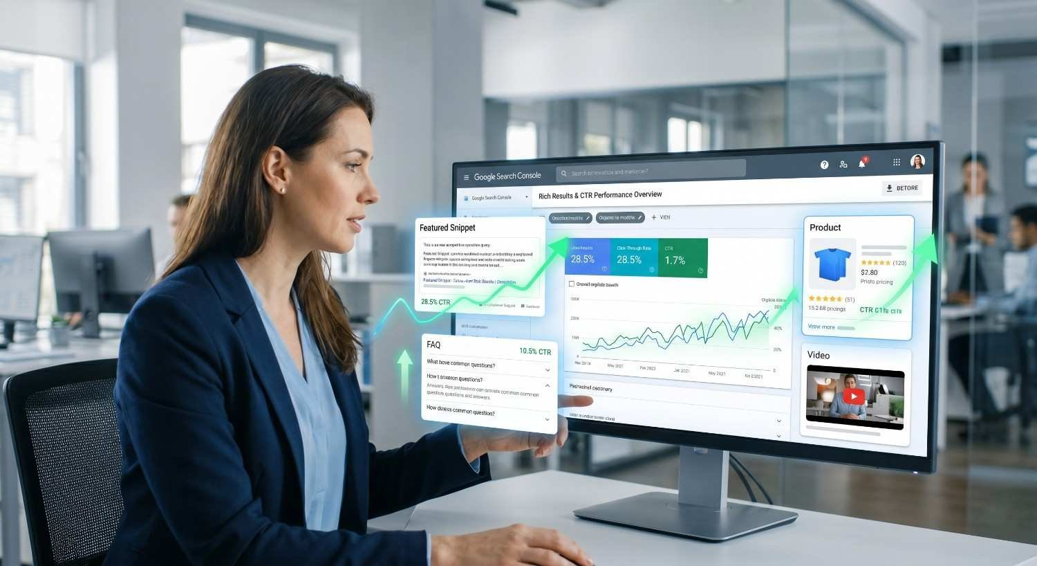 SEO specialist analyzing Google Search Console rich results performance dashboard with featured snippets, FAQ schema, product rich snippets, video results, and CTR optimization metrics. Visualization highlights structured data implementation, improved search visibility, higher click-through rates, enhanced SERP features, and increased organic traffic growth.