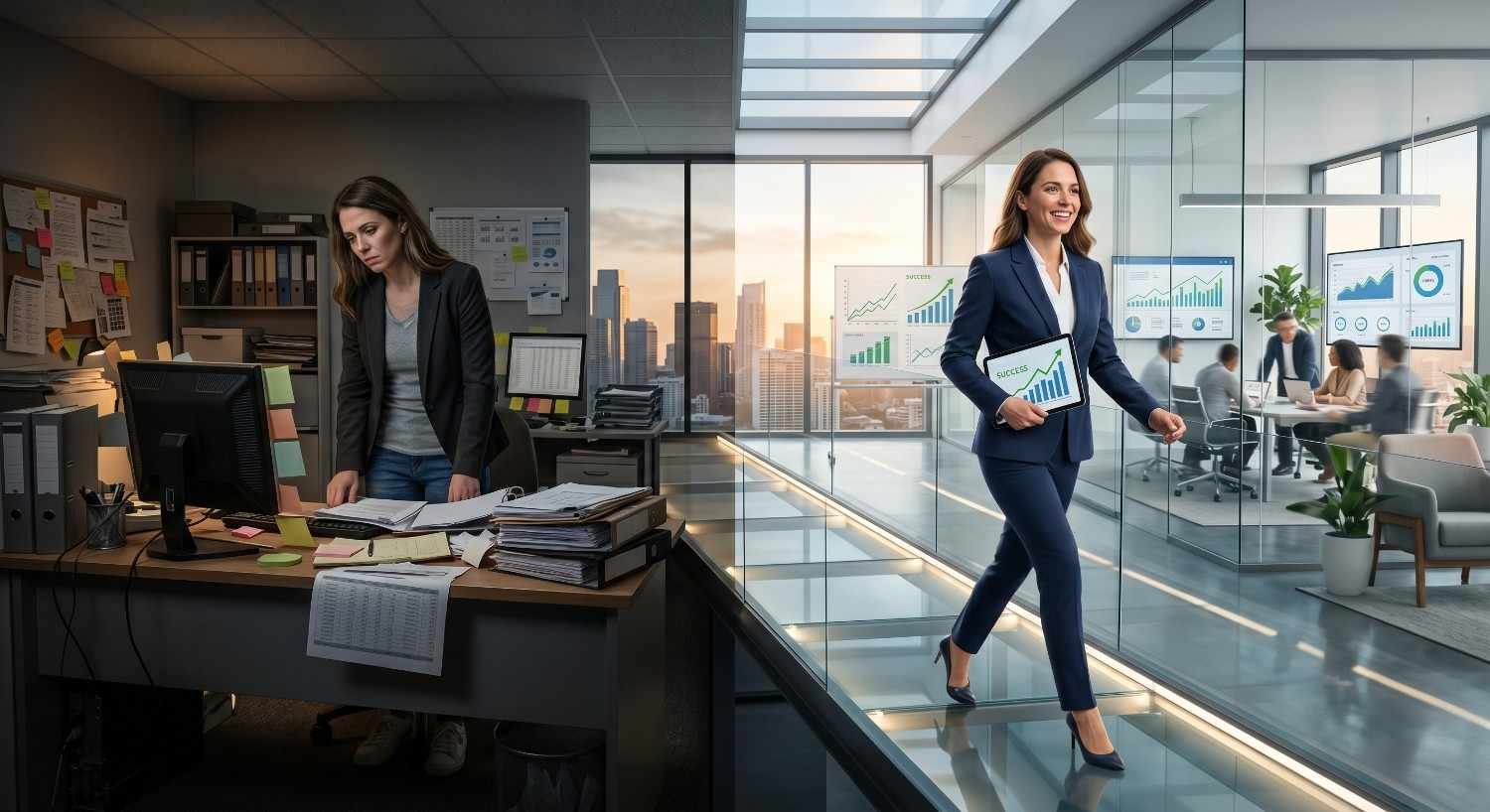 Business transformation concept showing a professional moving from workplace stress and inefficiency to corporate success, productivity, team collaboration, performance growth, leadership development, and strategic business management in a modern office environment