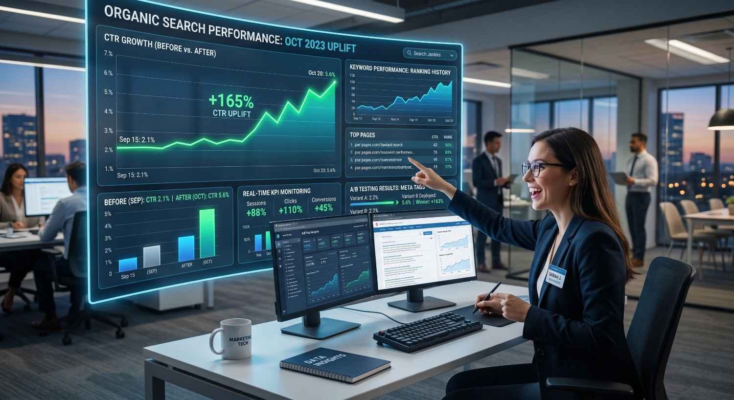 SEO analyst reviewing organic search performance dashboard showing CTR growth, keyword ranking improvements, A/B testing results, and traffic analytics. Data visualization highlights a 165% click-through rate increase, higher conversions, improved search visibility, and measurable SEO campaign success through performance monitoring and optimization strategies.