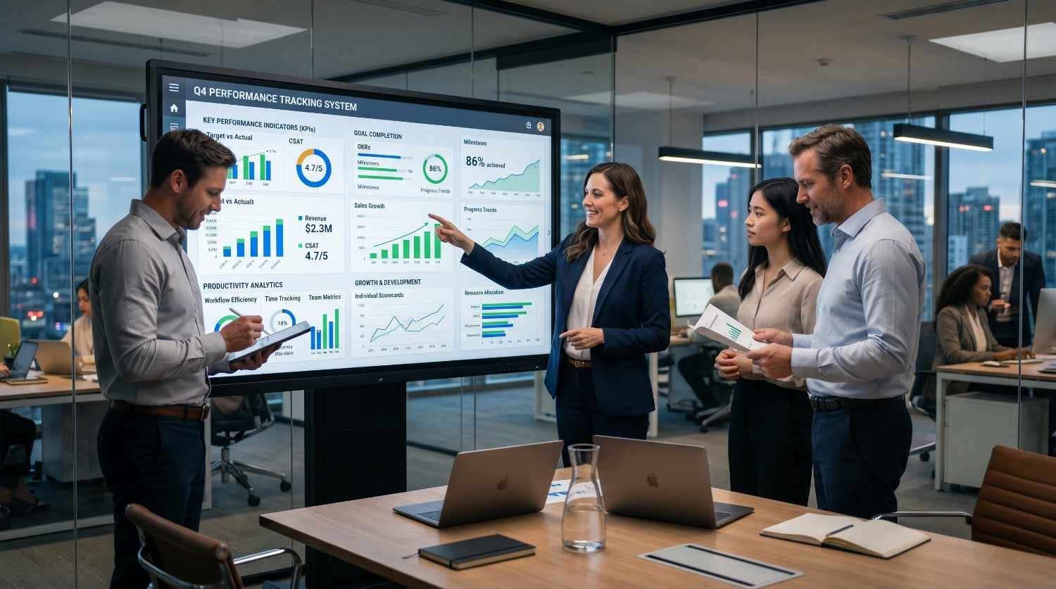 Business professionals reviewing KPI dashboards, performance metrics, productivity analytics, and growth reports during a team meeting, showcasing performance management, data-driven decision-making, employee productivity tracking, business intelligence, and corporate strategy optimization