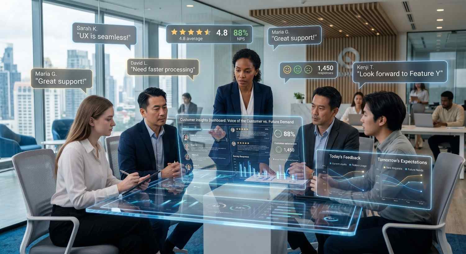 Business team analyzing customer feedback, satisfaction metrics, and user insights through an advanced analytics dashboard, showcasing customer experience management, data-driven decision-making, product development, market research, and business intelligence strategies for improving customer retention and growth