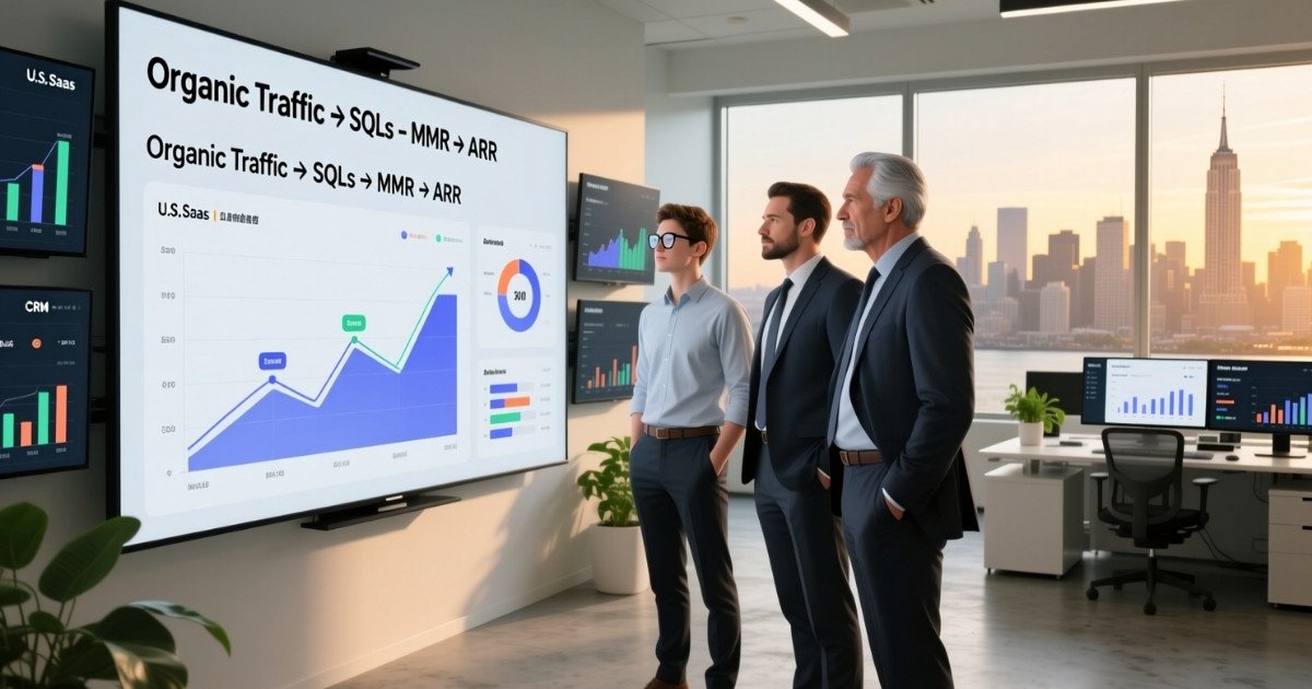 Group of male SaaS professionals analyzing SEO ROI and revenue attribution dashboards in a modern U.S. office.