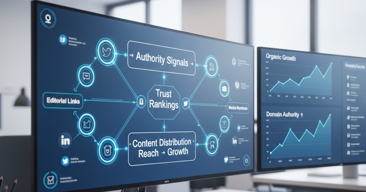 Realistic SaaS dashboard visualizing authority signals, backlinks, and content distribution driving organic growth.