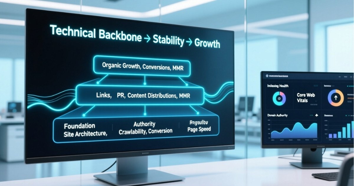 Realistic SaaS dashboard showing technical SEO backbone layers powering authority, distribution, and organic growth.