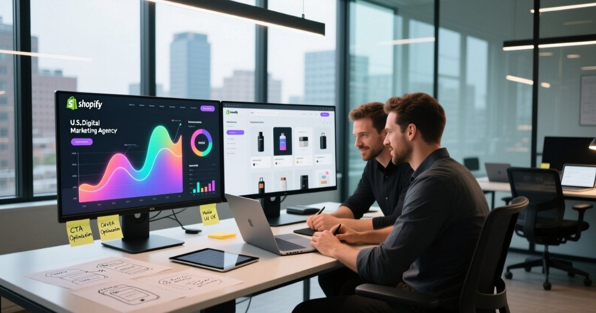 Professional U.S. web design team collaborating on a custom Shopify website project in a modern digital marketing office.