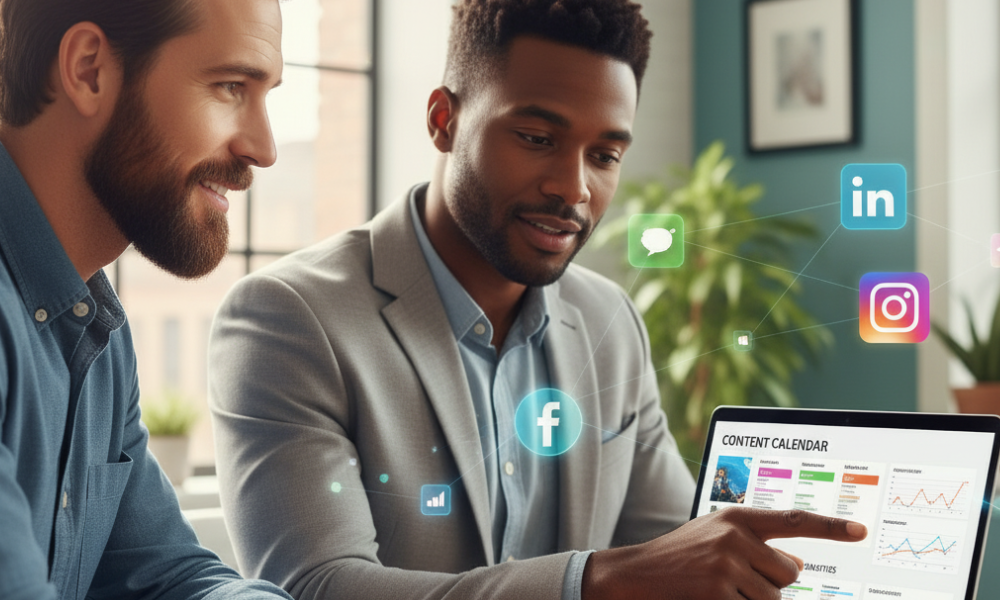 Social media consultant guiding a small business owner through strategy and analytics on a laptop.