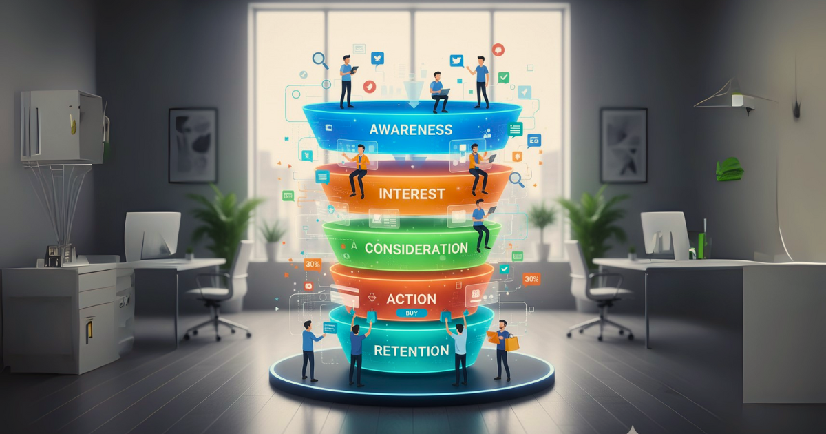 Stylized digital conversion funnel with realistic people engaging at each stage