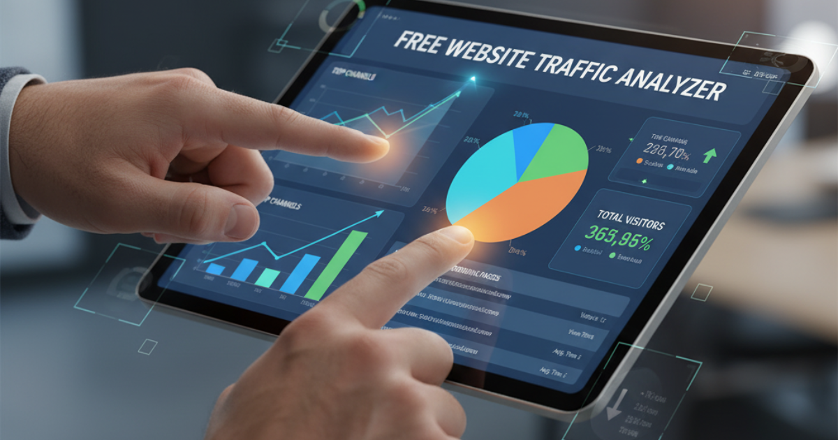 Close-up of hands interacting with a colorful website traffic analytics interface