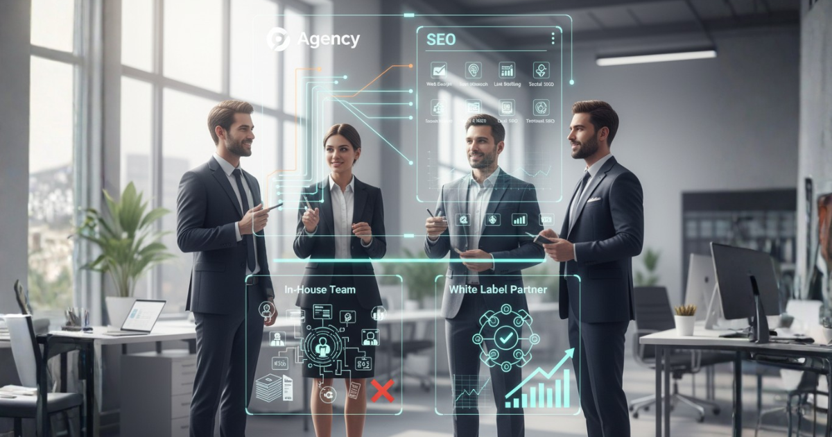 Business professionals comparing in-house SEO team and white label agency partnership using digital analytics interface
