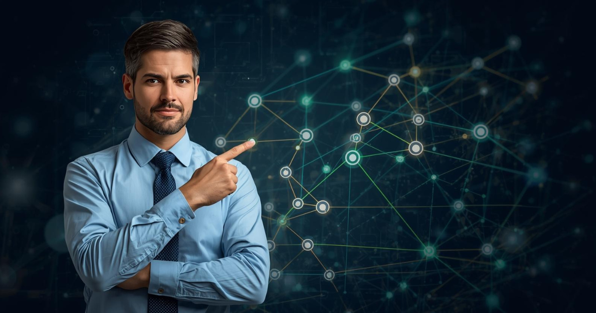 SEO expert explaining why link building still matters in 2025, pointing to a background representing a powerful digital backlink network and web authority