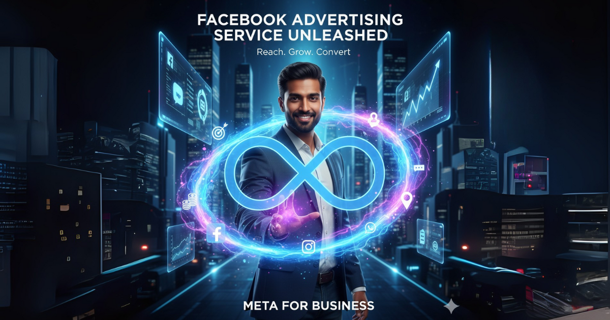 Meta for Business showing a professional activating a Facebook Advertising service with glowing infinity symbol, representing unlimited reach, growth, and conversion.
