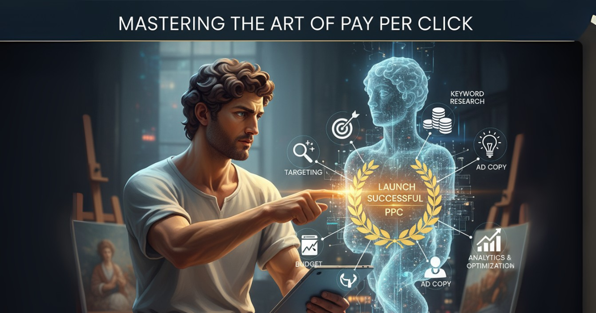 Digital artist mastering Pay Per Click (PPC), sculpting a successful campaign with elements like keyword research, targeting, and budget optimization.
