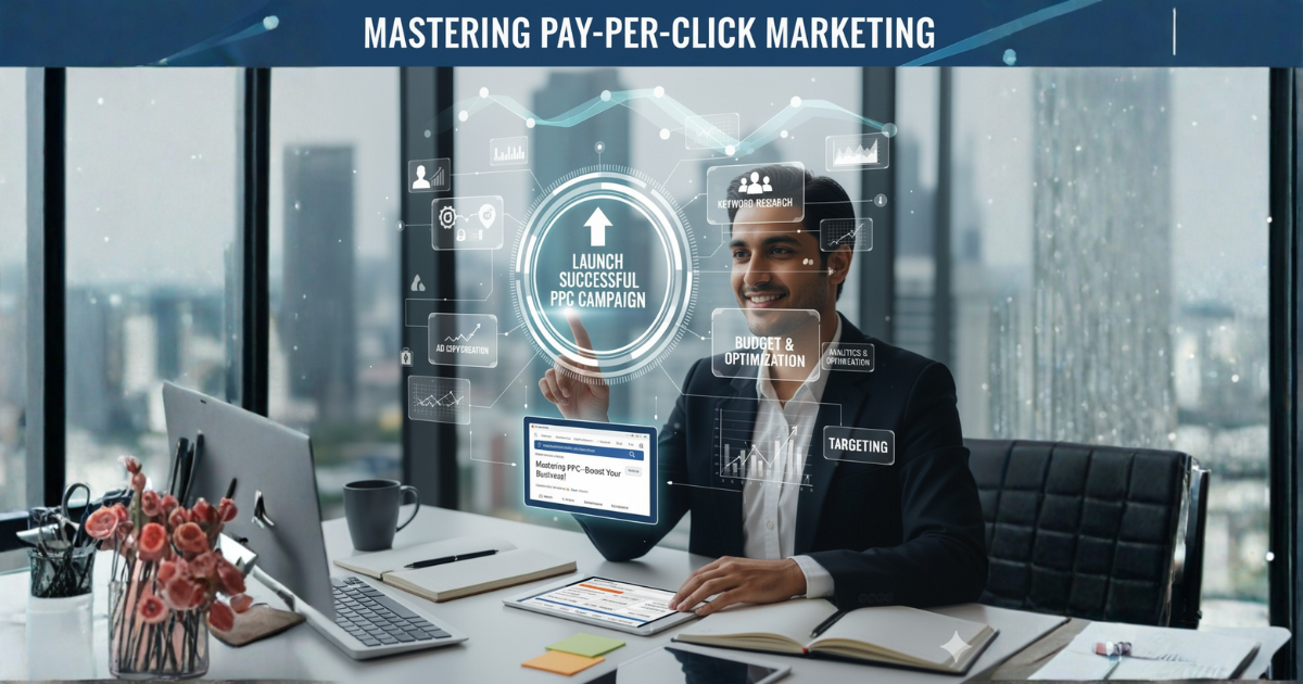 Successful PPC campaign launch strategy showing a business professional managing keyword research, budget, and targeting on a digital interface