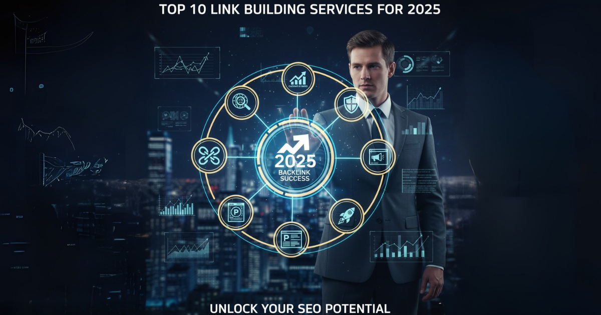 Top 10 Link Building Services for 2025 Backlink Success shown with a business professional interacting with a digital interface, highlighting SEO strategies and link acquisition for organic growth.