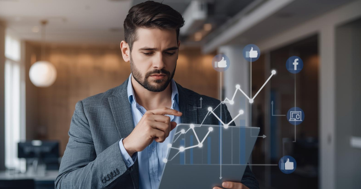 Business professional analyzing Facebook Advertising data on a transparent screen, showing growth charts, engagement metrics, and social media icons.