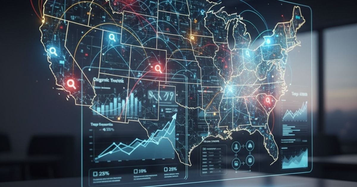 Futuristic USA digital map with SEO data nodes and analytics dashboard showing national organic growth — concept for National SEO Services 2026.