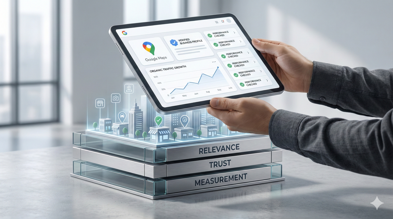 Hands hold a tablet displaying local SEO analytics and Google Maps performance metrics above layered blocks labeled relevance, trust, and measurement. A miniature cityscape and growth chart symbolize data-driven local search optimization, business visibility, and measurable performance improvement.