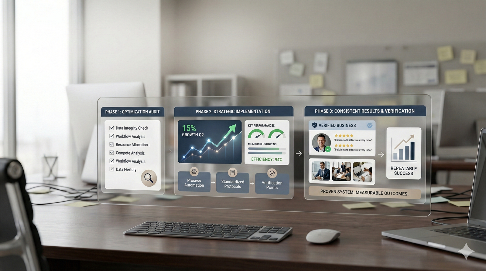 A modern office desk displays a transparent digital workflow showing three business growth phases: optimization audit, strategic implementation with rising performance metrics, and verified results. The scene represents structured SEO processes, efficiency improvements, and repeatable, data-driven success.