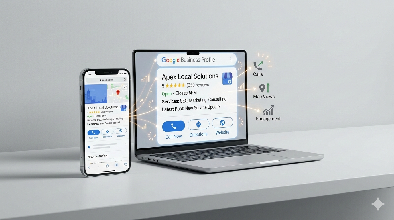 A laptop and smartphone display a Google Business Profile for a local company, showing reviews, business hours, services, and call-to-action buttons. Icons highlight calls, map views, and engagement, representing local SEO optimization and increased customer interactions.