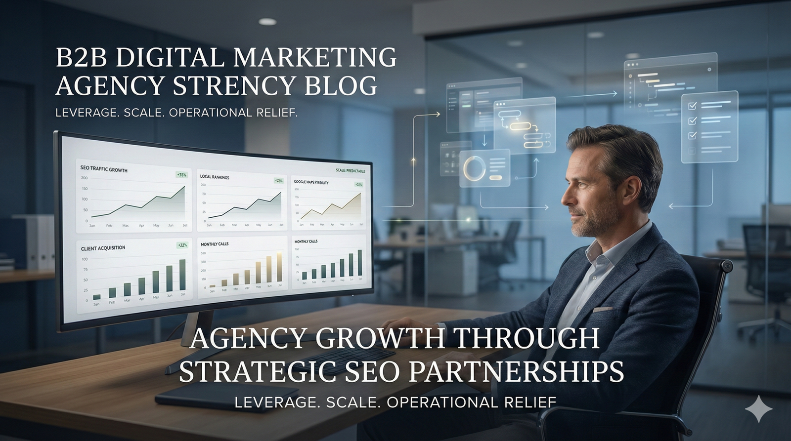 A B2B digital marketing agency professional reviews SEO growth dashboards on a large monitor in a modern office. The scene highlights agency growth through strategic SEO partnerships, featuring analytics, client acquisition metrics, and scalable marketing performance insights.