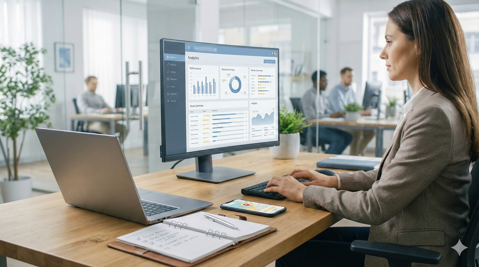 A professional works at a modern office desk, analyzing analytics dashboards on a desktop monitor while using a laptop and smartphone. The clean workspace and charts represent data-driven digital marketing, performance tracking, and strategic business analysis in a collaborative office environment.